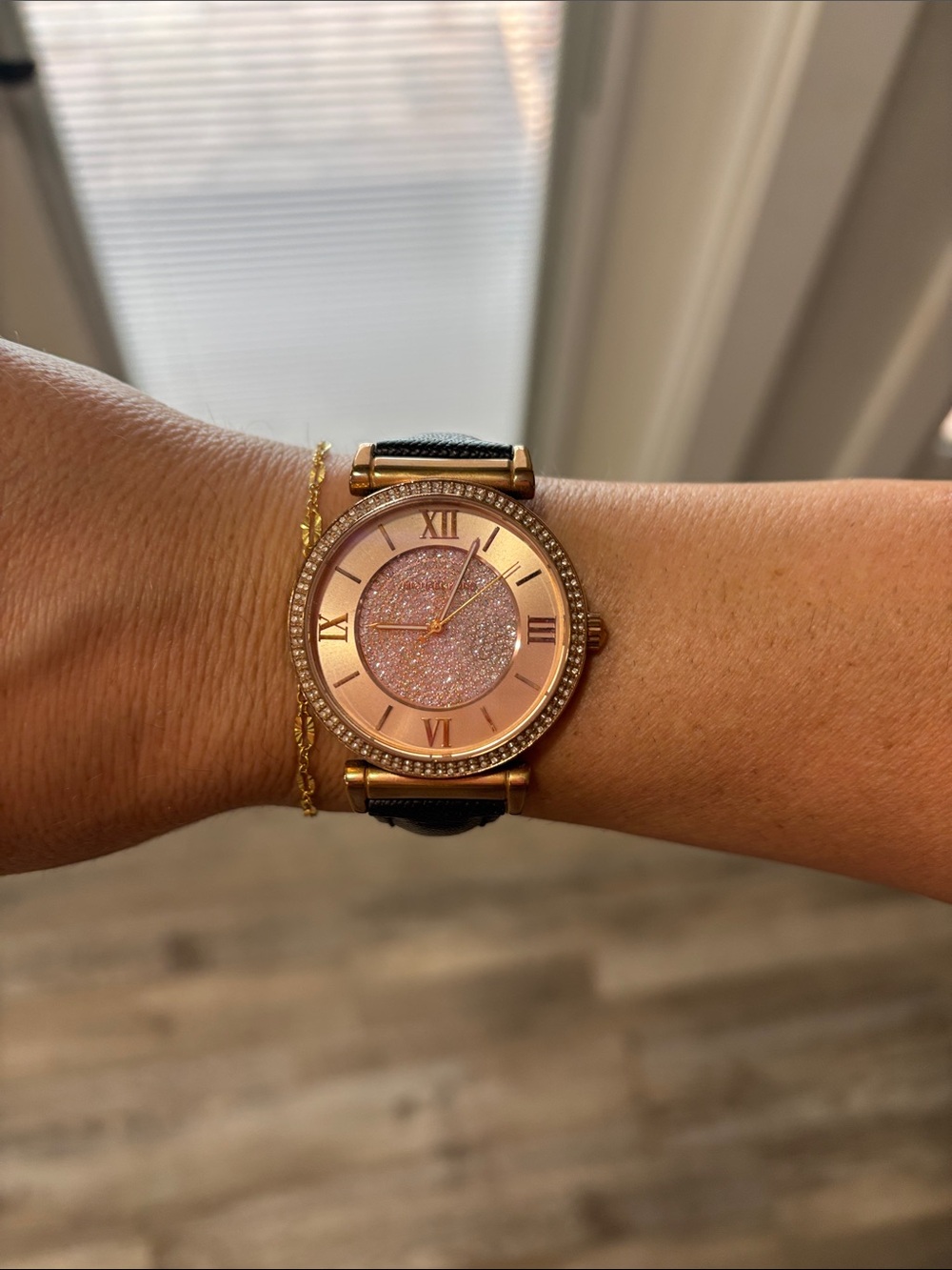 Michael Kors Rose Gold Crystal Dial Watch with Black Strap
